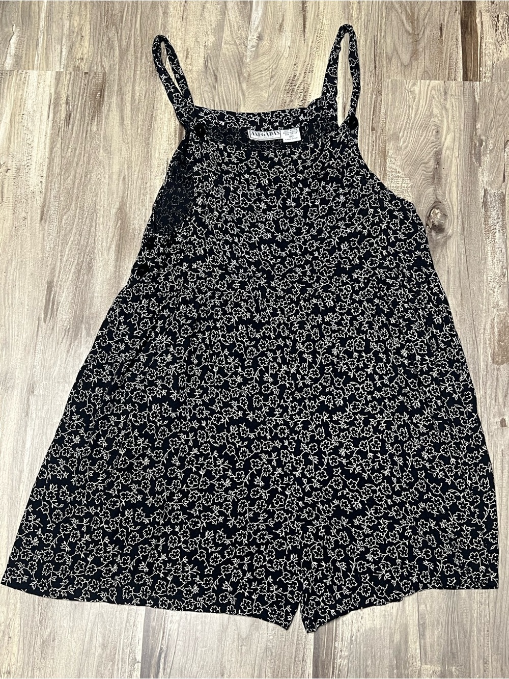 Vtg 90s Anegadas Collection Black Floral Rayon Romper Dress Pocket Medium M